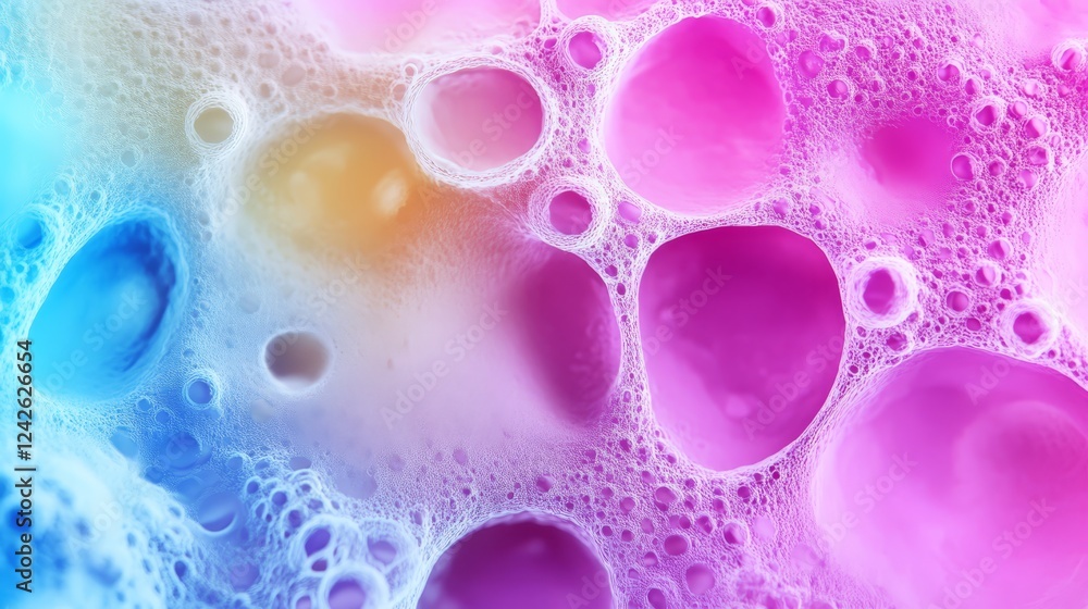 Colorful Bubble Foam Texture - Abstract close-up of vibrant, multicolored foam bubbles, showcasing a blend of pink, blue, and yellow hues. Ideal for backgrounds or design elements. Colorful Bubble Foam Texture - Abstract close-up of vibrant, multicolored foam bubbles, showcasing a blend of pink, blue, and yellow hues. Ideal for backgrounds or design elements.