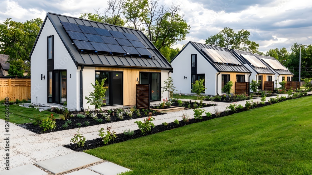 Modern Eco Friendly Homes Solar Panels Green Grass Modern Eco Friendly Homes Solar Panels Green Grass