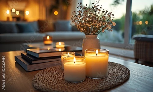 Cozy living room scene featuring lit candles on a table, with books and a flower vase, creating a warm ambiance