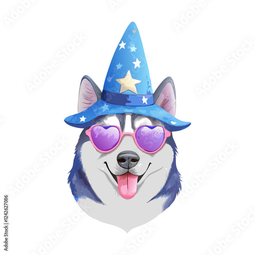 Siberian husky wearing witch magical hat Watercolor painting vector art design