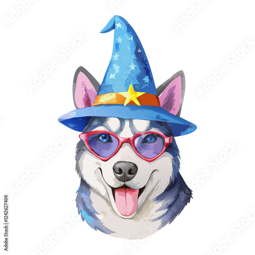 Siberian husky wearing witch magical hat Watercolor painting vector art design