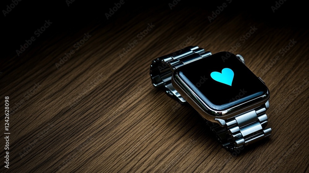 Smartwatch Displaying a Heart Icon on Wooden Surface Smartwatch Displaying a Heart Icon on Wooden Surface