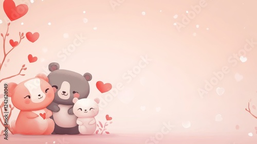 Wallpaper Mural Cute Bear Family Valentine's Day Card - Adorable cartoon bears, a family, embraced amidst hearts and blossoms. Perfect for Valentine's Day greetings. Torontodigital.ca