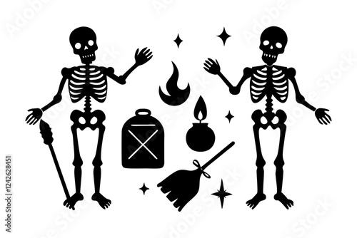 Skeletons and Spells Vector Set – Mystical Line Art & Halloween Illustrations