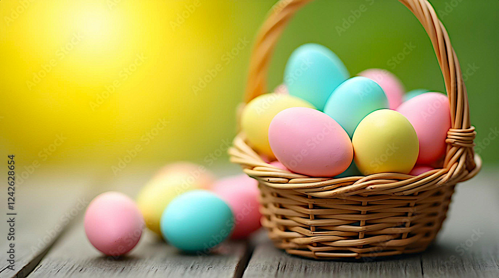 Easter basket with colorful eggs against a sunny and green nature backdrop. Easter basket with colorful eggs against a sunny and green nature backdrop.