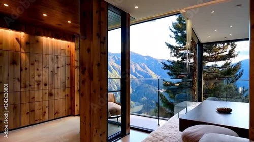 A luxury apartment with large windows offering mountain views, natural wood paneling, and a rustic-modern aesthetic.