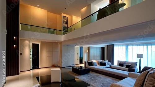 A luxury apartment with a mezzanine-level bedroom overlooking the living room, featuring glass railings and a minimalist bed