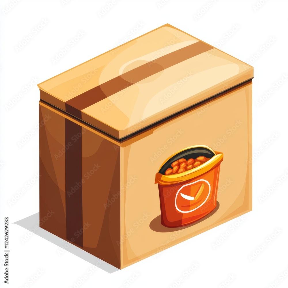 Brown cardboard box with orange bucket icon and clock design for packaging and delivery concepts Brown cardboard box with orange bucket icon and clock design for packaging and delivery concepts