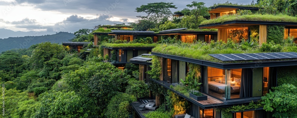Obraz premium Sustainable hotel featuring green rooftops and solar panels for an eco-friendly stay.