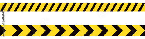 Yellow and black caution tape with diagonal stripes and arrow patterns, warning and safety barrier for construction, danger, and hazard zones. Warning caution sign. Seamless barrier. Absperrband. 