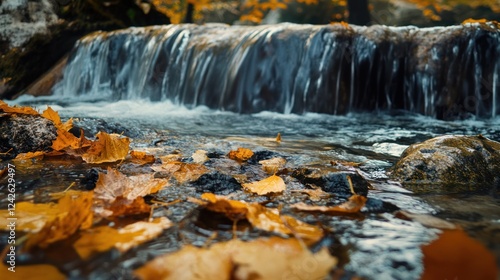 Autumn leaves in forest stream, cascading waterfall background, nature serenity