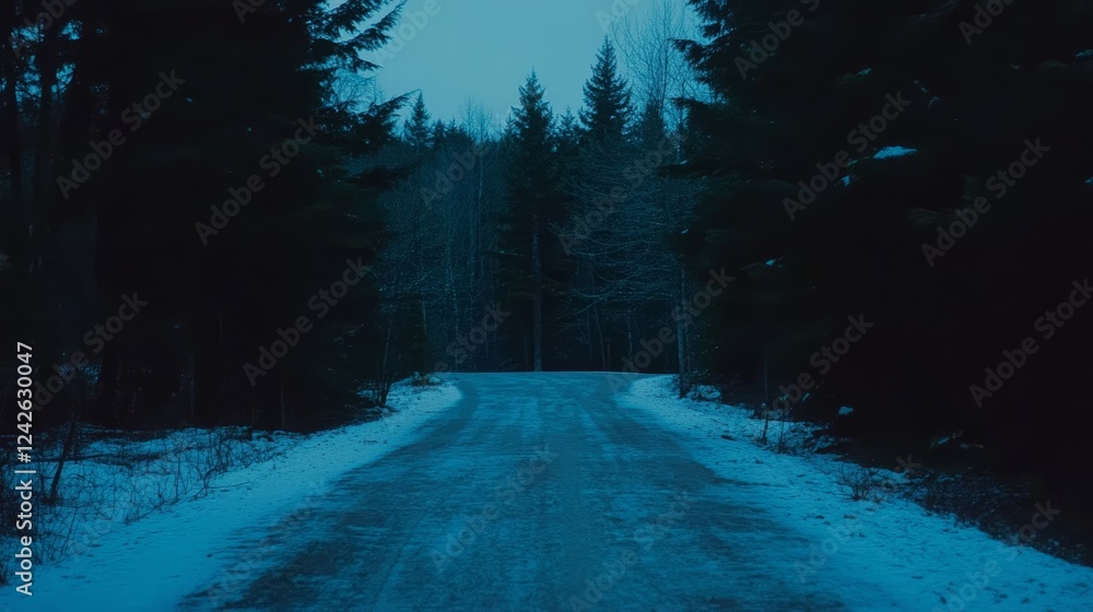 Naklejka premium Snowy Forest Road at Dusk Winter Solitude