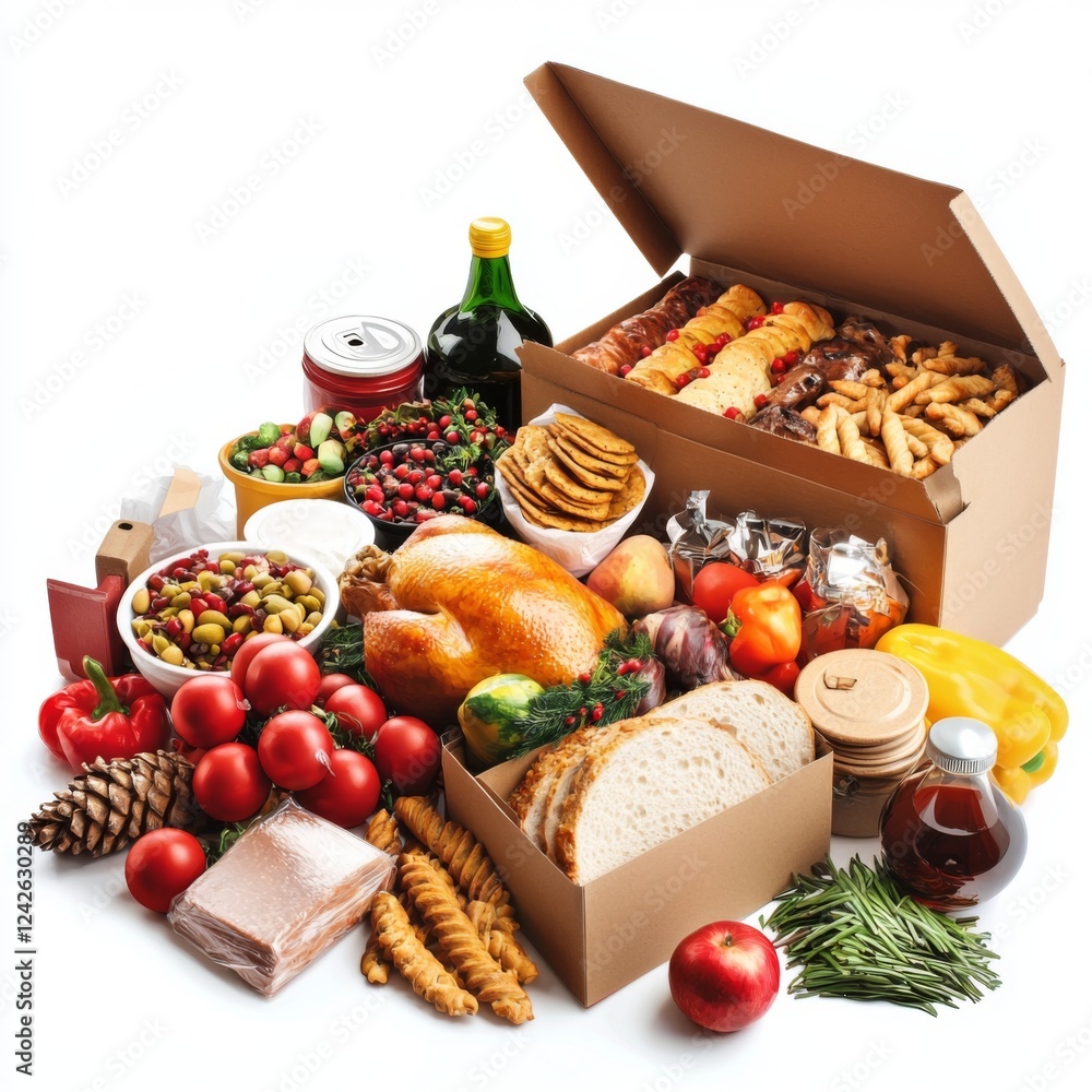Abundant Selection of Fresh Foods and Gourmet Delights in Organized Boxes for Holiday Feast Preparation and Celebration Abundant Selection of Fresh Foods and Gourmet Delights in Organized Boxes for Holiday Feast Preparation and Celebration