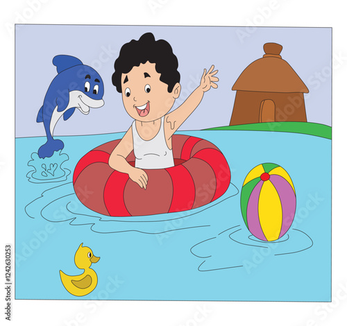 Happy Boy Swimming and Waving Hey in Pool Fun Water Activity Vector Illustration.