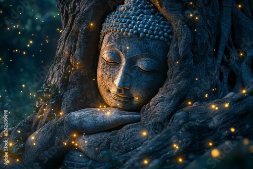 Reclining Buddha, night, tree, fireflies, peace, meditation, spirituality