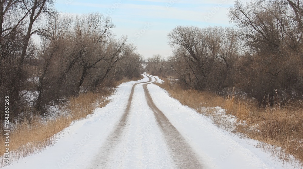 Obraz premium Snowy Winter Road Winding Through Bare Trees