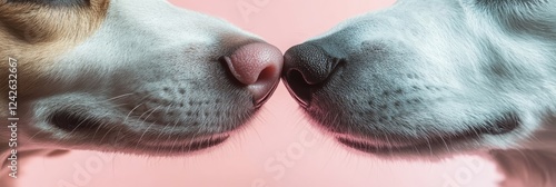 Dogs Nose to Nose - Close-up of two dogs noses touching, pink background, showing friendship and affection. photo