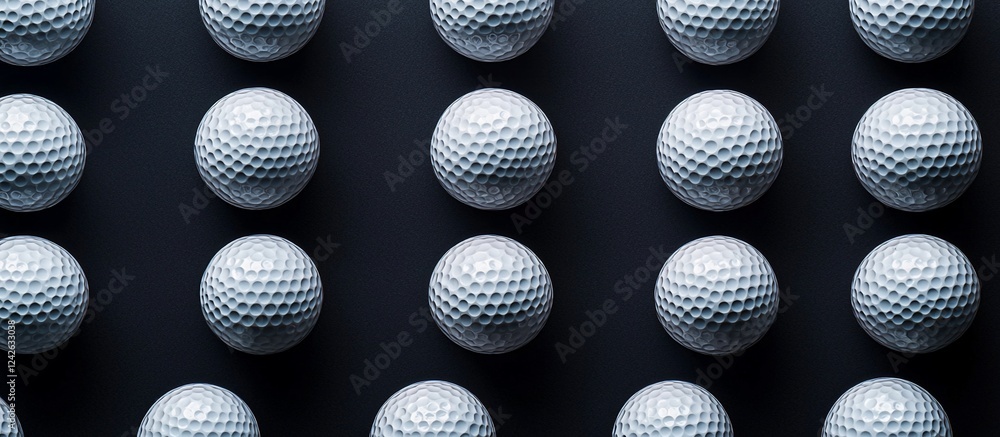 Close-up view of neatly arranged golf balls on a dark surface, showcasing their texture and pattern Close-up view of neatly arranged golf balls on a dark surface, showcasing their texture and pattern