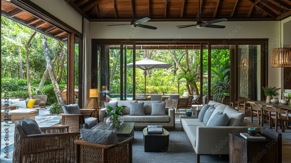 Fototapeta premium Chic and contemporary villa lounge area with modern furniture, stylish decorations, and an inviting atmosphere.