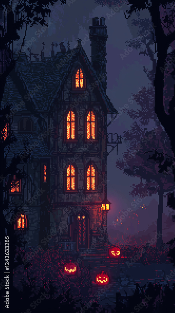 8-bit pixel art of a dark fantasy haunted house in the woods, with glowing jack-o'-lanterns and a foggy night sky. 2D game graphic, scary background, Halloween Background, Pixel Art Background 8-bit pixel art of a dark fantasy haunted house in the woods, with glowing jack-o'-lanterns and a foggy night sky. 2D game graphic, scary background, Halloween Background, Pixel Art Background