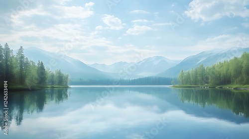 Serene Mountain Lake with Reflection of Clouds and Trees