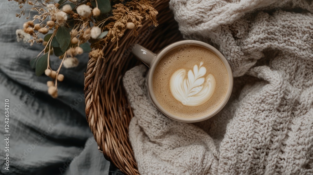 Chic neutral coffee scene with a cup of cappuccino, a stylish basket, and elegant home dcor. Chic neutral coffee scene with a cup of cappuccino, a stylish basket, and elegant home dcor.
