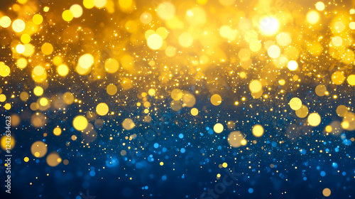 Abstract dark blue and gold particle background with Christmas golden light bokeh, shining particles on navy blue, gold foil texture, festive holiday concept