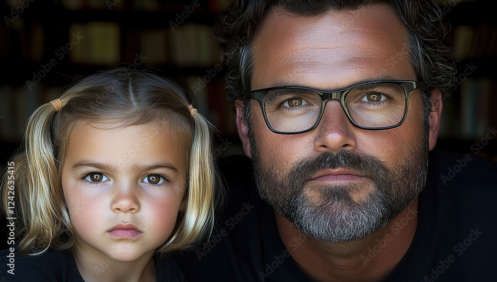 Father and Daughter Portrait: A heartwarming close-up portrait of a father and his young daughter, their gazes meeting the camera with a blend of seriousness and affection. Father and Daughter Portrait: A heartwarming close-up portrait of a father and his young daughter, their gazes meeting the camera with a blend of seriousness and affection.