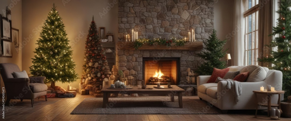 Cozy living room with a large stone fireplace and Christmas tree in the background, cozy living room, relaxing scene, warm glow Cozy living room with a large stone fireplace and Christmas tree in the background, cozy living room, relaxing scene, warm glow