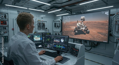 Monitoring Mars Rover Mission Control: A focused scientist monitors data from a Mars rover mission on a large screen in a high-tech control room.