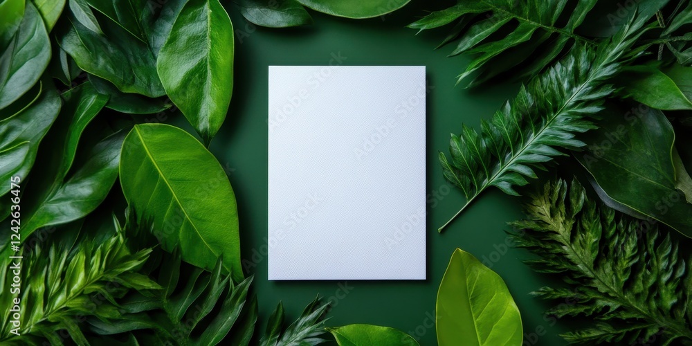 Nature-inspired blank white composition surrounded by lush green leaves minimalist design serene environment top view Nature-inspired blank white composition surrounded by lush green leaves minimalist design serene environment top view