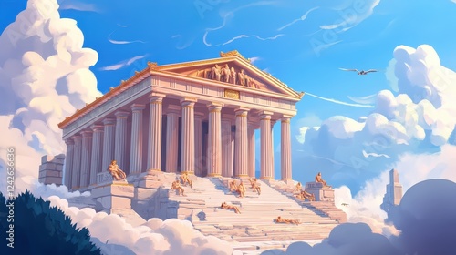 Temple of the Clouds: A majestic ancient Greek temple stands proudly on a platform of clouds, bathed in the warm glow of a sun-drenched sky.