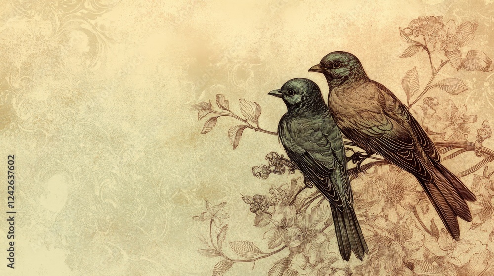 Fototapeta premium Two Birds on Branch - Elegant illustration of two birds perched on a flowering branch, set against a beige textured background. A romantic and peaceful scene.