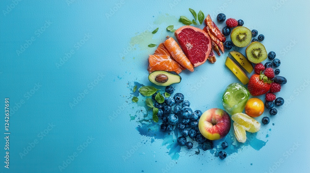 Fresh Fruits and Seafood Arrangement on Blue Background Fresh Fruits and Seafood Arrangement on Blue Background