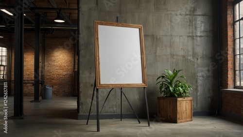  Clear desk setup with a blank vertical wooden frame for canvas display, background