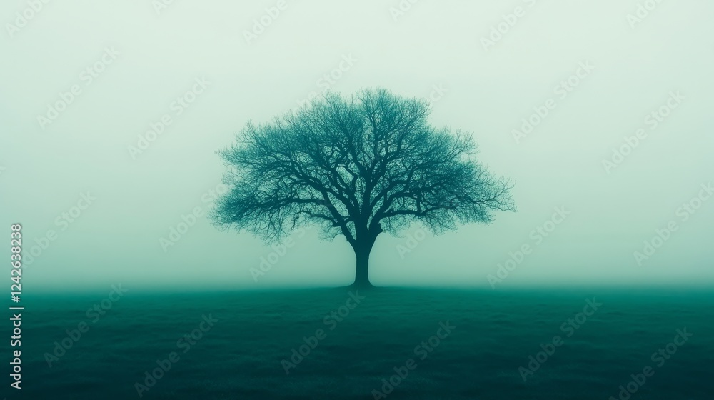Solitary Tree in Misty Field, Eerie Winter Scene Solitary Tree in Misty Field, Eerie Winter Scene