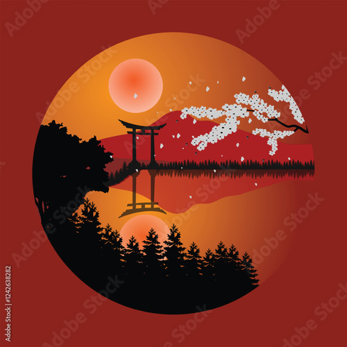 Torii Gate Illustration Design with Cherry Blossoms in Red Color