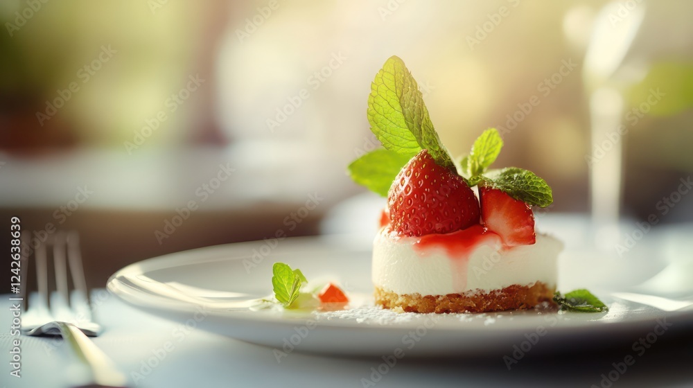 A light and airy strawberry shortcake topped with fresh mint leaves, placed on an elegant white plate with a soft, blurred background A light and airy strawberry shortcake topped with fresh mint leaves, placed on an elegant white plate with a soft, blurred background