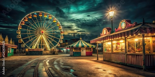 Creepy old carnival at night with rickety booths and a Ferris wheel, spooky, creepy, wooden, abandoned