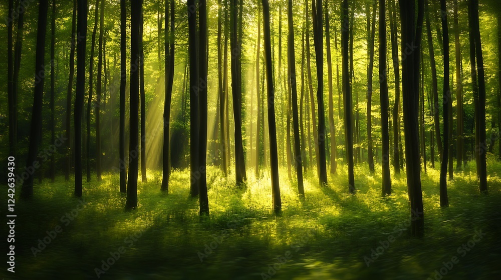 Naklejka premium Sunlight Filtering Through Dense Forest Trees