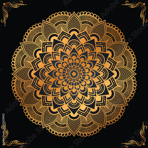 Luxury mandala design in gold color for decorations, greeting cards, fabric patterns, invitation and other printings, Black outlines also available for adult coloring book.
