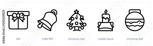 A set of 5 christmas icons as gift, jingle bell, christmas tree