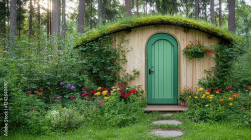 Enchanted Garden Shed: A charming, hobbit-like shed nestled amongst vibrant flowers and lush greenery, features a moss-covered roof and a quaint green door, creating a whimsical and peaceful scene.  photo