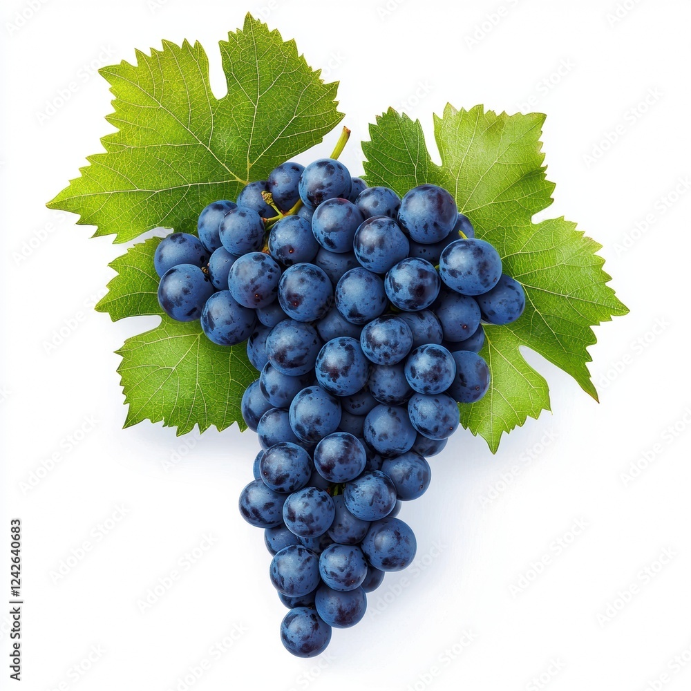 Fototapeta premium Fresh blue grapes with leaves on white background close-up