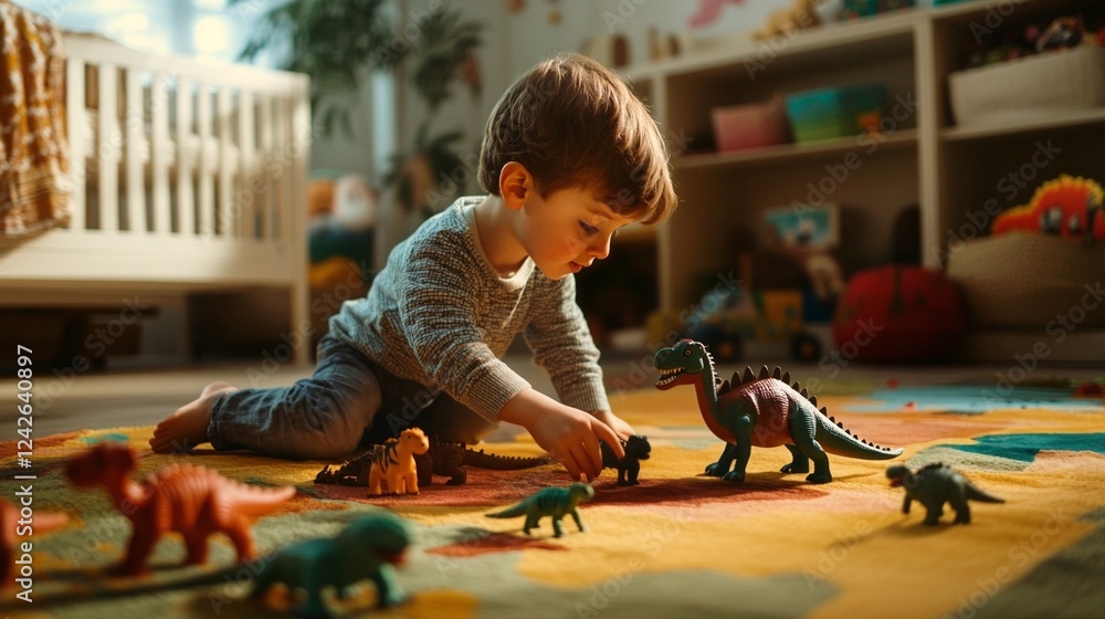 Fototapeta premium little boy playing with toy dinosaurs