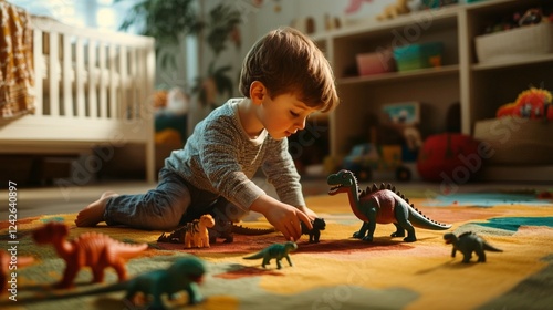 Fototapeta Naklejka Na Ścianę i Meble -  little boy playing with toy dinosaurs