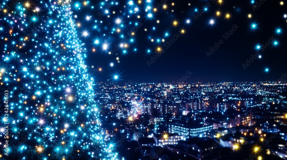 Naklejka premium Sparkling Cityscape Christmas Tree Lights Night View