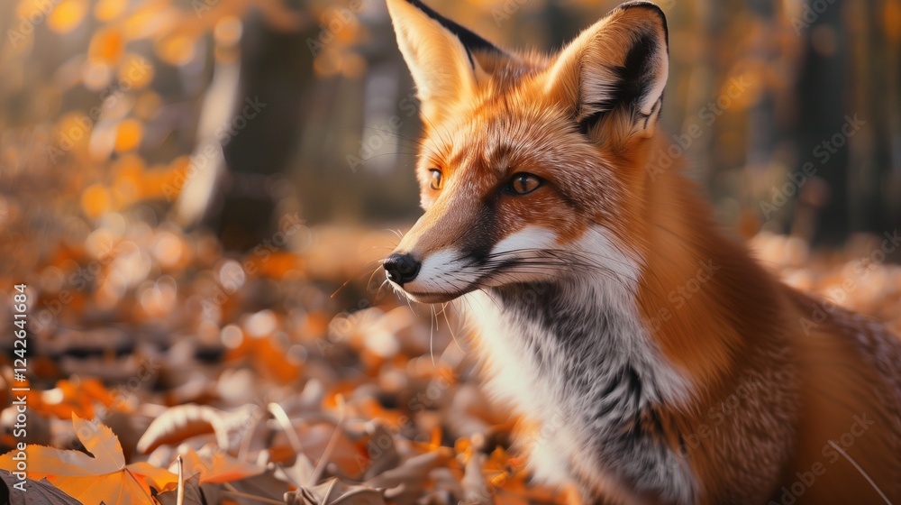 A close-up shot of a red fox in a forest clearing, with its fur gleaming in the soft sunlight as it gazes intently, surrounded by autumn leaves on the ground. A close-up shot of a red fox in a forest clearing, with its fur gleaming in the soft sunlight as it gazes intently, surrounded by autumn leaves on the ground.