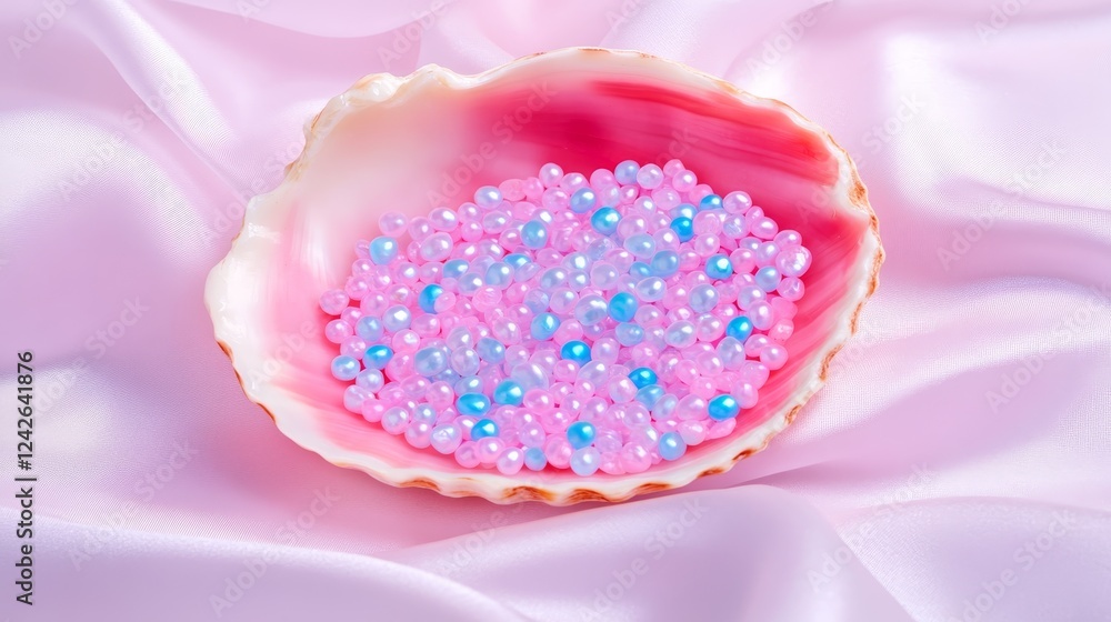 Pink and Blue Beads in Seashell - Iridescent pink and light blue beads rest in a pink seashell on a pink silk background. Pink and Blue Beads in Seashell - Iridescent pink and light blue beads rest in a pink seashell on a pink silk background.