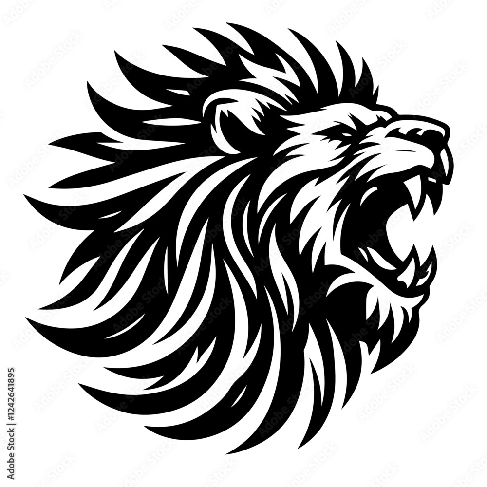 Obraz premium A logo of a roaring lion's head, with a stylized mane. This black and white illustration is likely a design element for branding.
